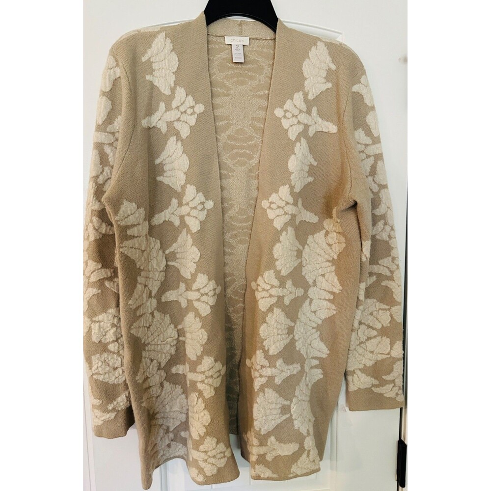 CHICOS Tan Beige Floral Knit Open Front Cardigan Sweater Size 2 / Large Textured